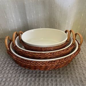Vintage Nesting Ceramic Casserole Dishes with Baskets